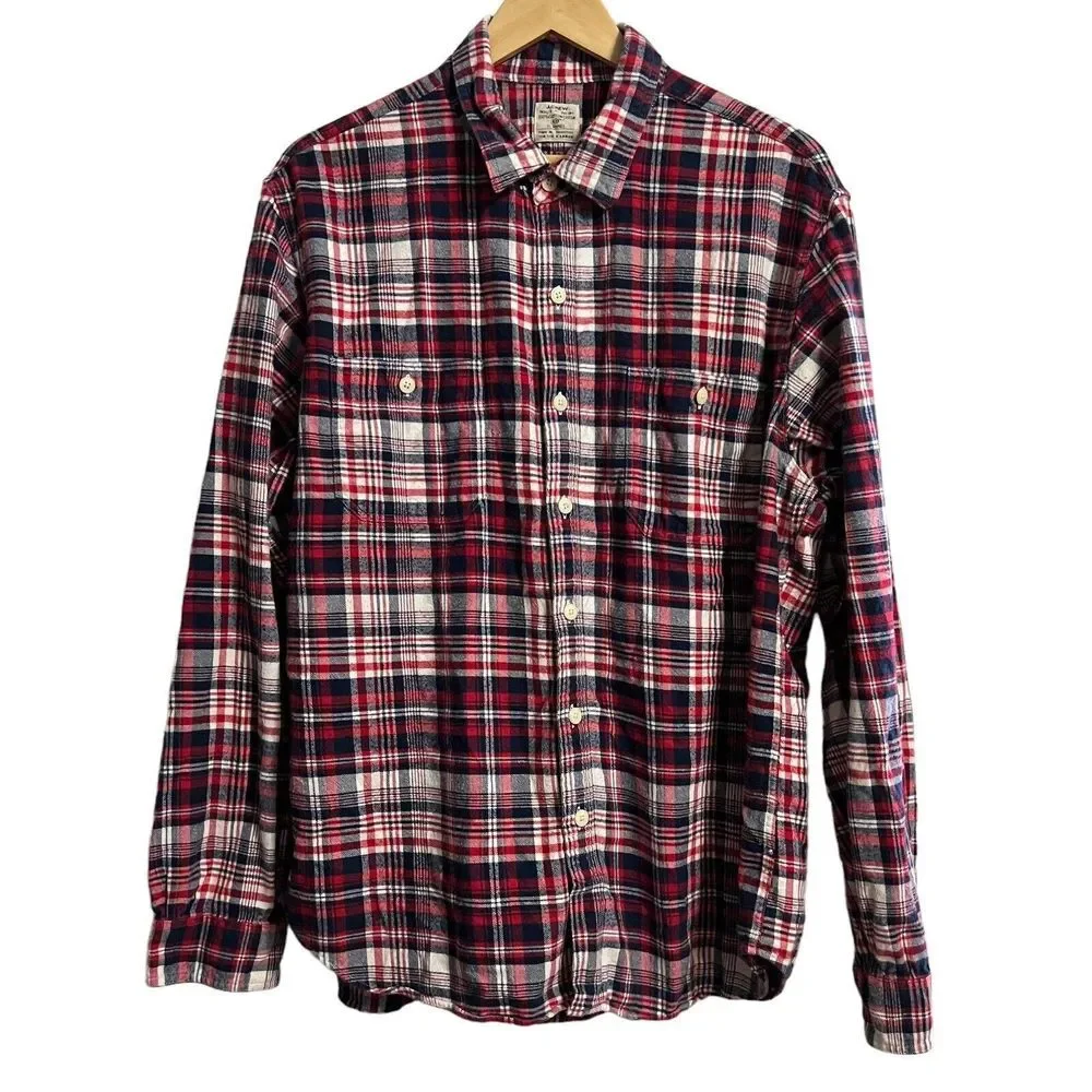 Vintage J Crew Shirt Mens XL Red‎ Blue Plaid Button Up Long Sleeve Flannel